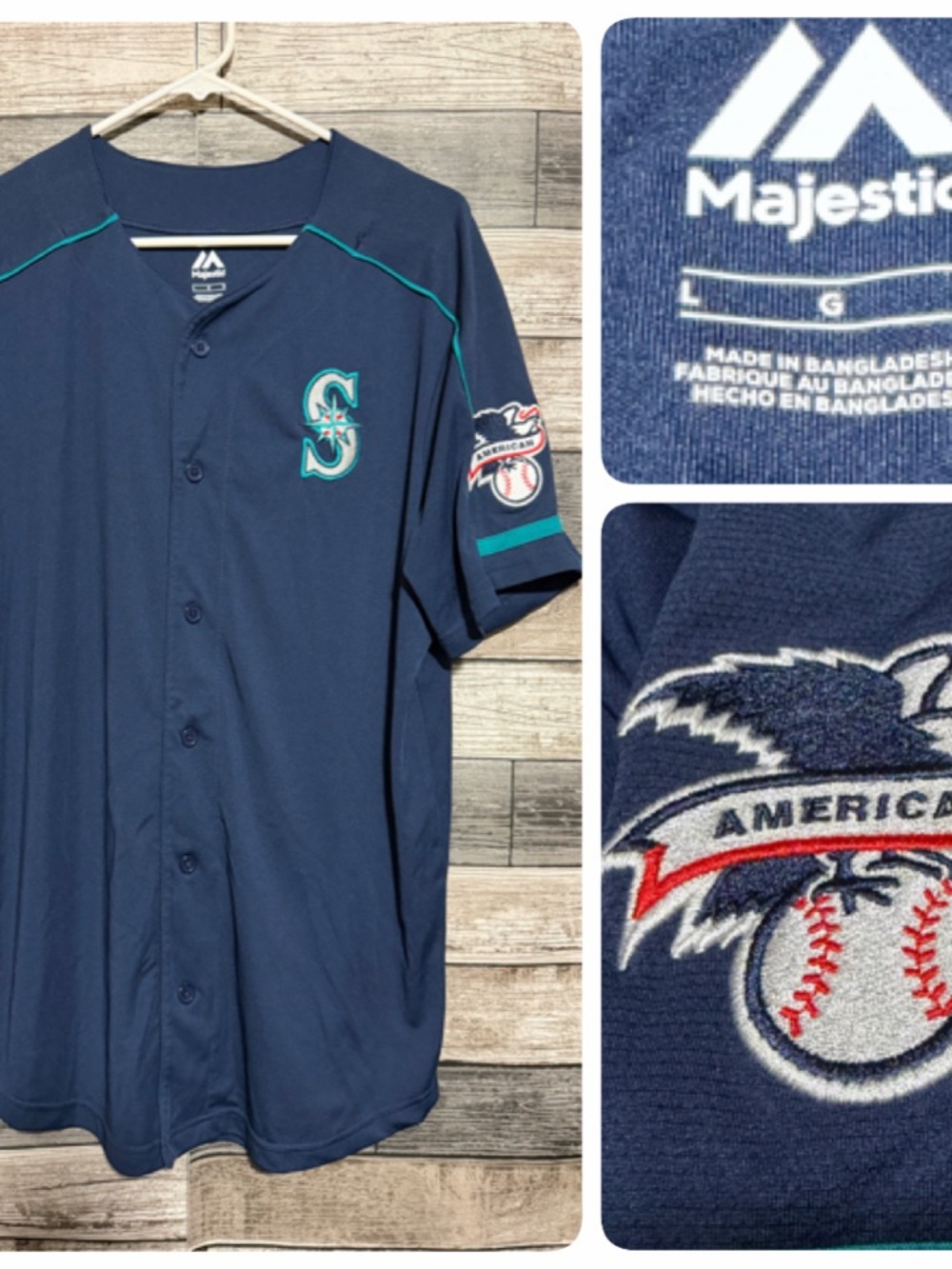 Majestic Seattle Mariners MLB Baseball Jersey Men’s L Blue Embroidered Button Up